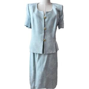 Vintage 80s Blue Skirt Suit Jacket Set Gold Button Jacquard Size 14 Pearson